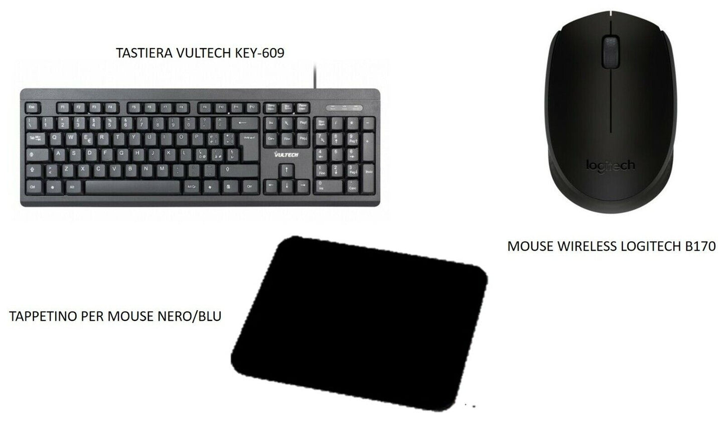 mouse logitech B170 wireless per pc nero con tappetino, tastiera vultech