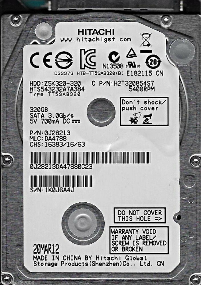 hard disk interno tt5sab320 z5k320-320 hitachi 2.5" hd19 3GB usato 5V 700mA