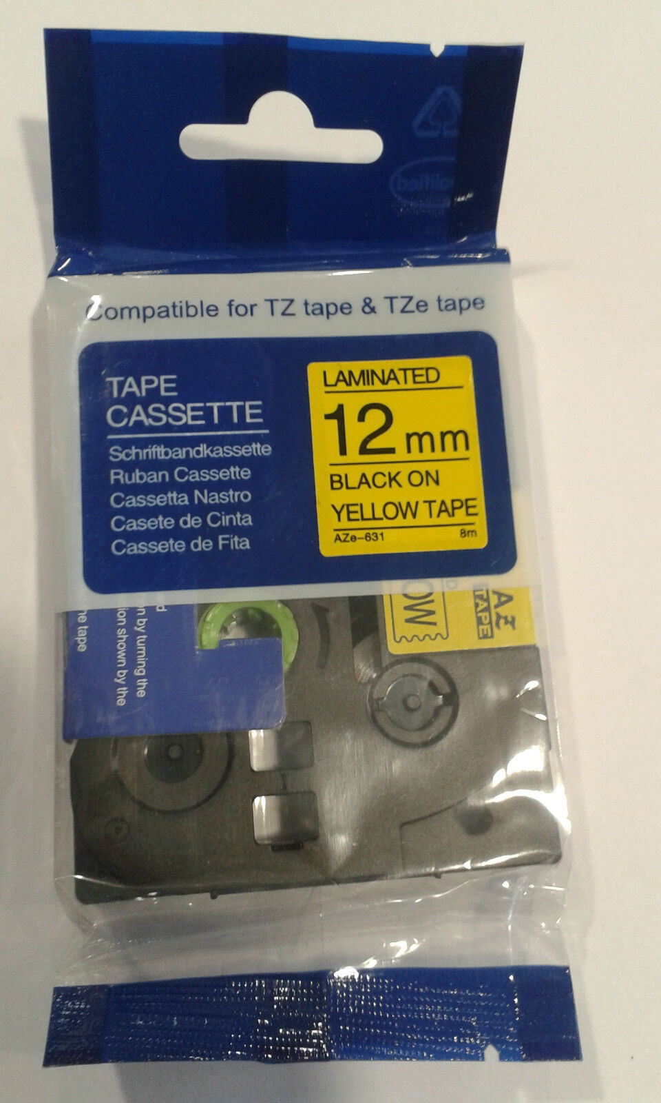 Nastro TZ TZe giallo con scrittura nera AZe-631 12mm X 8mt per BROTHER P-TOUCH