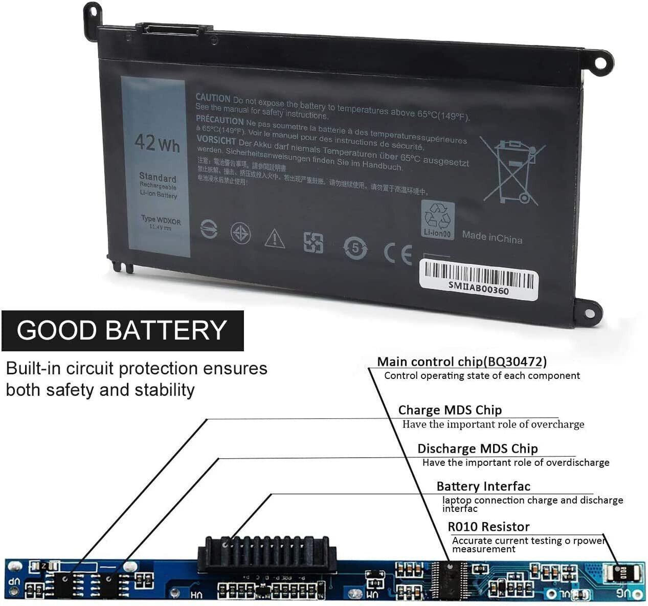 Batteria per Dell inspiron portatile 15 11.4V 42W WDX0R pc notebook WDXOR