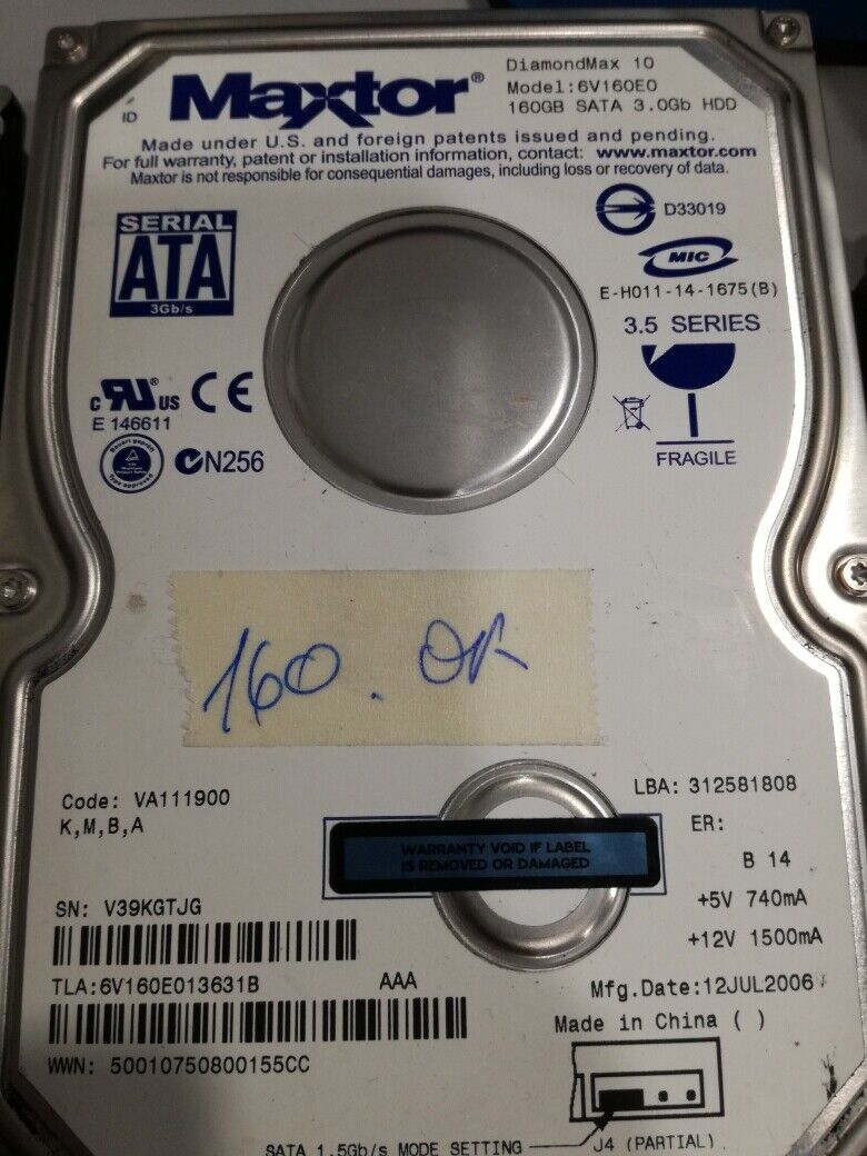 6v160e0 hard disk interno maxtor 160 gb 3.5'' sata hd16 usato funzionante
