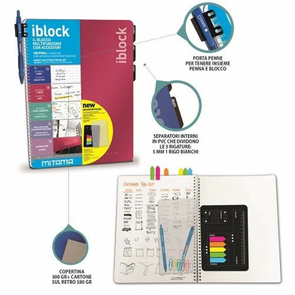 quaderno blocco multifunzione con righi quadretti e fogli bianchi