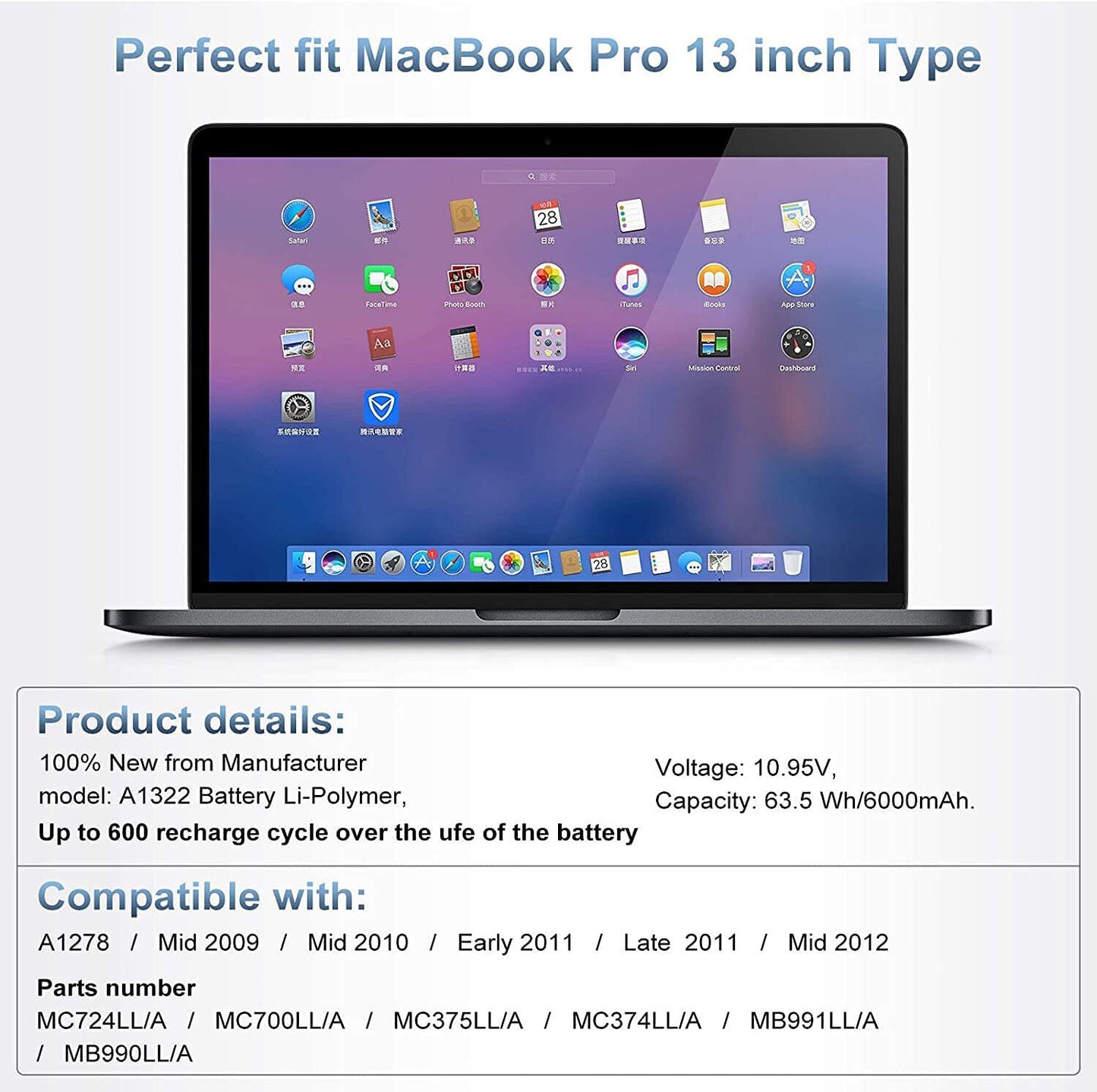 Batteria compatibile 10.95V 5800mAh 63.5Wh con Apple MacBook Pro 13" A1322