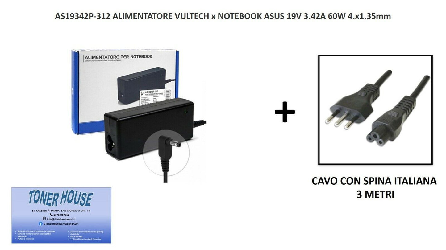 AS19342P-312 alimentatore  vultech x notebook asus 19v 3.42a 60w 4.x1.35mm