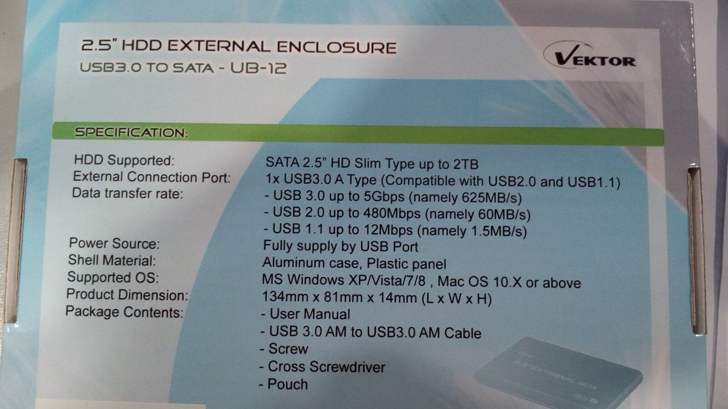 Box Esterno USB3.0 HDD SATA 2,5" Alluminio Nero Vektor UB12 VK-UB12