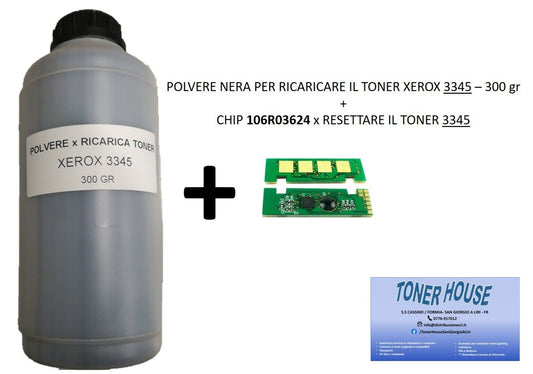 Bottiglia toner nero 300gr polvere per ricaricare xerox 3345 + chip 106r03624