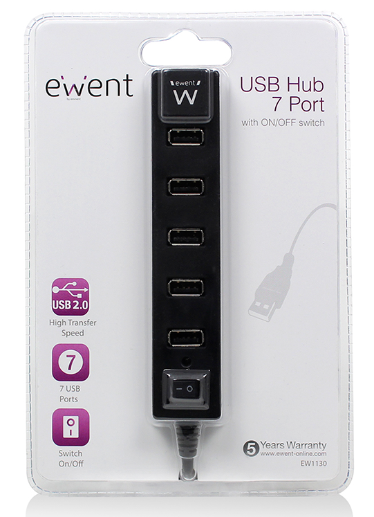 Hub USB con 7 porte usb 2.0 e interruttore ON/OFF nero EW1130 ewent cavo 65 cm